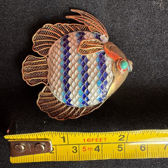 Vtg Solid Gilded Silver & Cloisonne Angel Fish Brooch/Pendant Lapis Eye 1950's - Picture 5 of 9